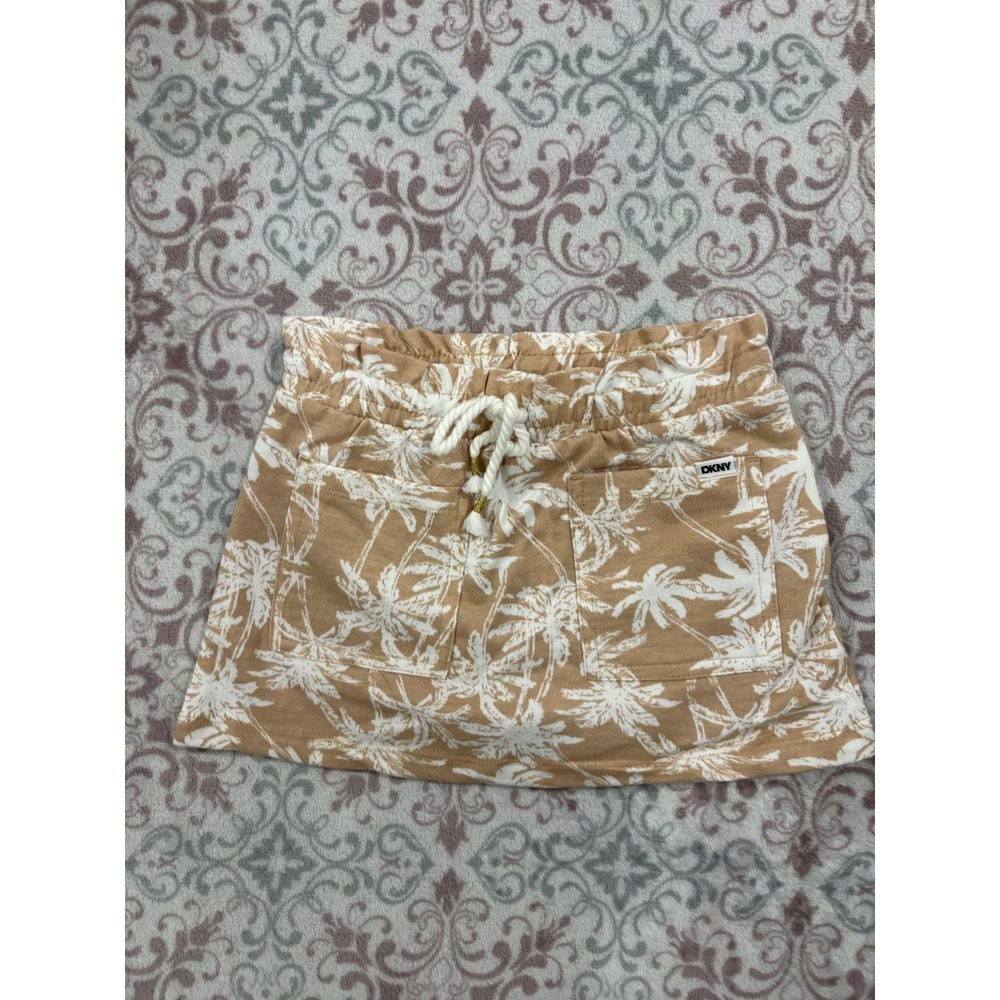 DKNY Girls Tan White Palm Tree Print Skort Size 4 Pull On Drawstring Pockets